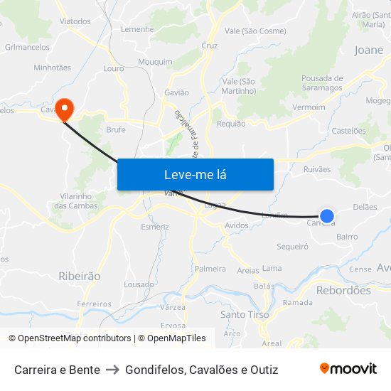Carreira e Bente to Gondifelos, Cavalões e Outiz map