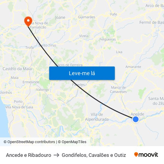 Ancede e Ribadouro to Gondifelos, Cavalões e Outiz map