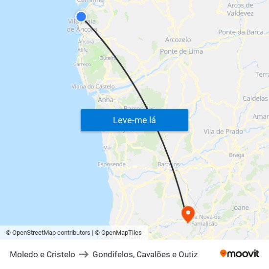 Moledo e Cristelo to Gondifelos, Cavalões e Outiz map