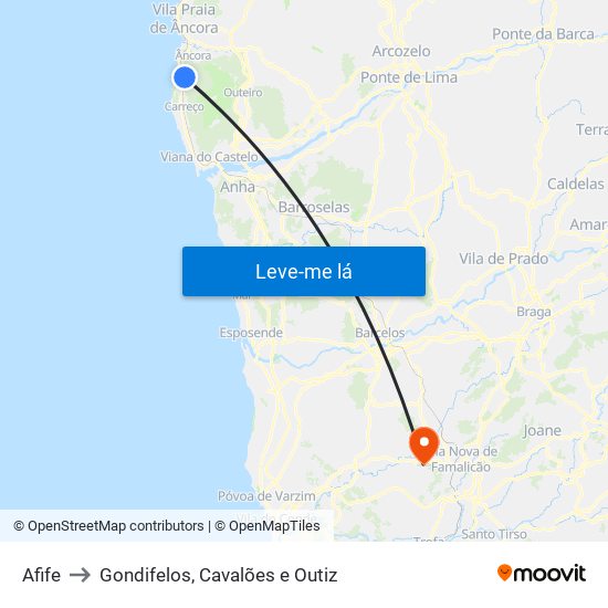 Afife to Gondifelos, Cavalões e Outiz map