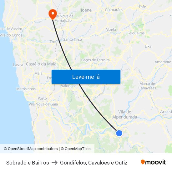 Sobrado e Bairros to Gondifelos, Cavalões e Outiz map