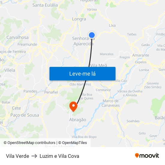 Vila Verde to Luzim e Vila Cova map