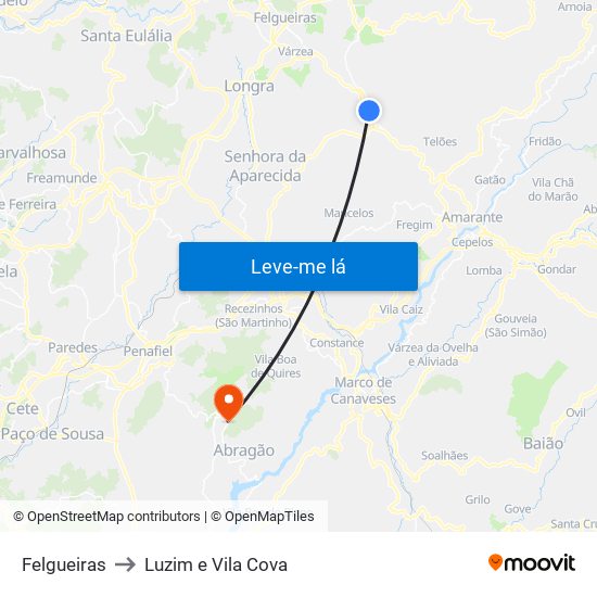 Felgueiras to Luzim e Vila Cova map