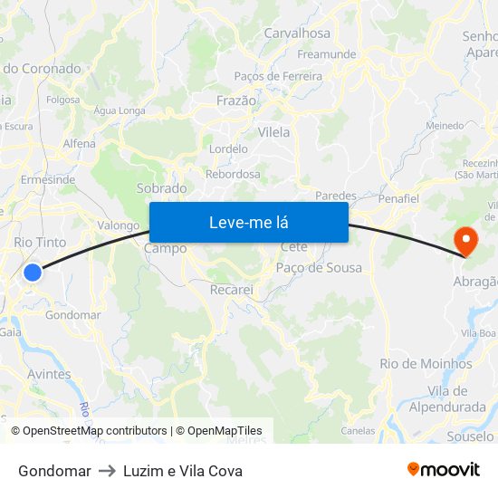 Gondomar to Luzim e Vila Cova map