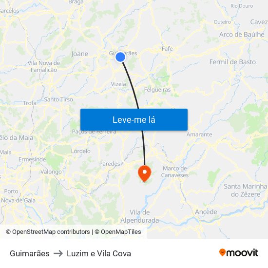 Guimarães to Luzim e Vila Cova map