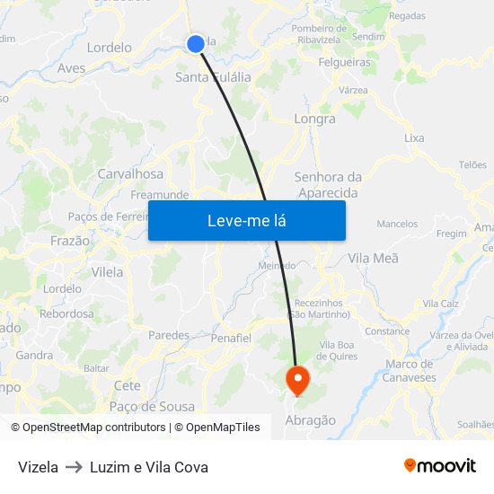 Vizela to Luzim e Vila Cova map