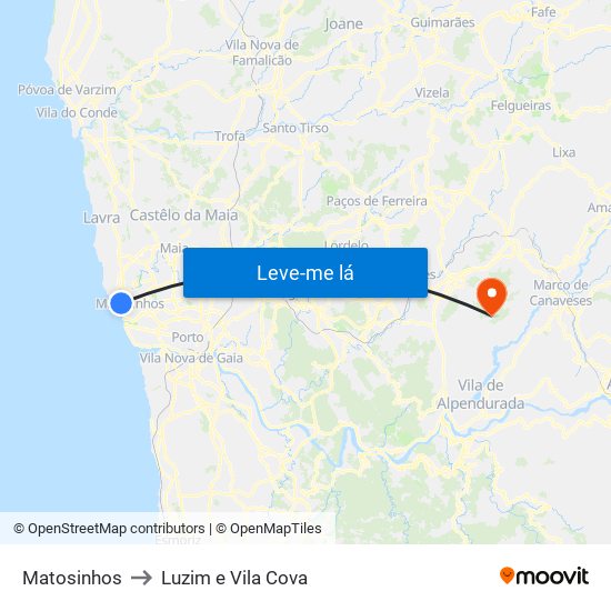 Matosinhos to Luzim e Vila Cova map