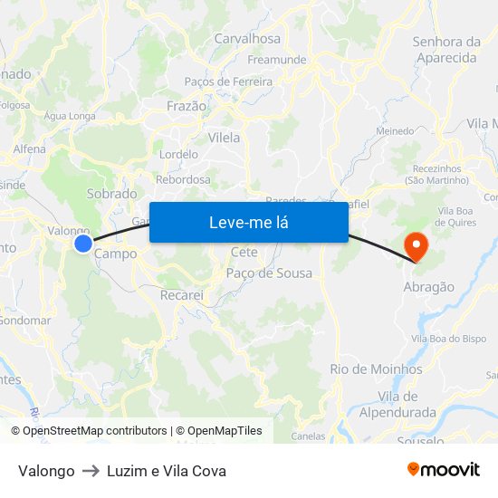 Valongo to Luzim e Vila Cova map