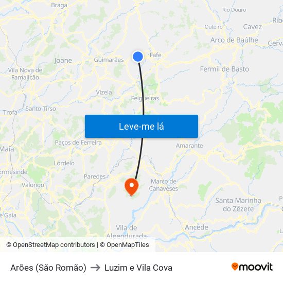 Arões (São Romão) to Luzim e Vila Cova map