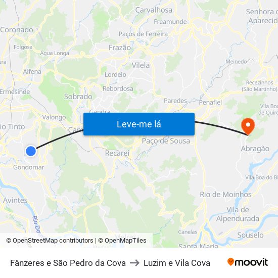 Fânzeres e São Pedro da Cova to Luzim e Vila Cova map