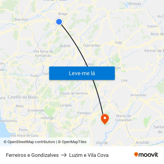 Ferreiros e Gondizalves to Luzim e Vila Cova map