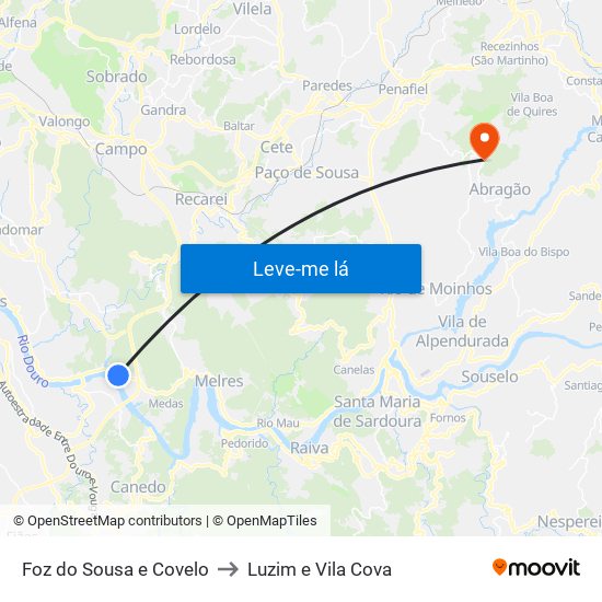 Foz do Sousa e Covelo to Luzim e Vila Cova map