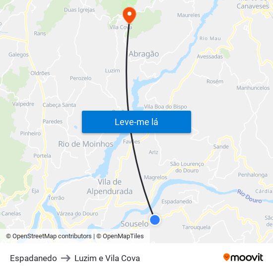 Espadanedo to Luzim e Vila Cova map