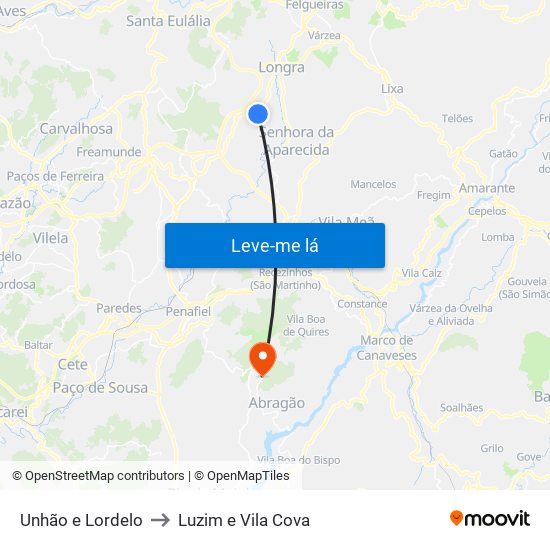 Unhão e Lordelo to Luzim e Vila Cova map