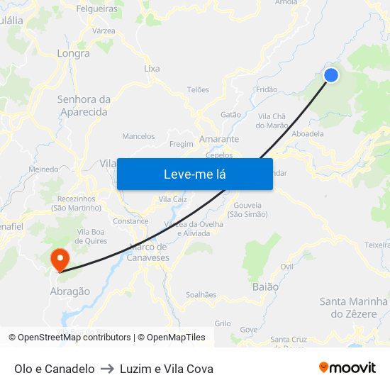 Olo e Canadelo to Luzim e Vila Cova map