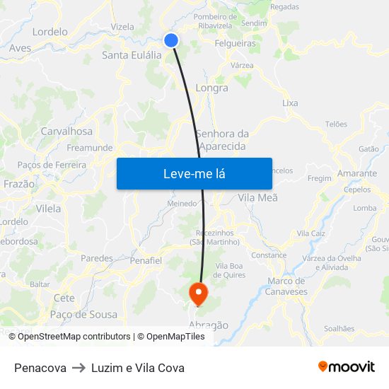Penacova to Luzim e Vila Cova map