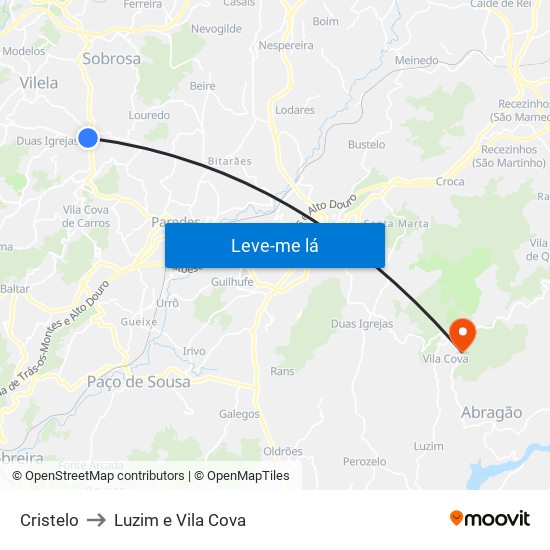 Cristelo to Luzim e Vila Cova map