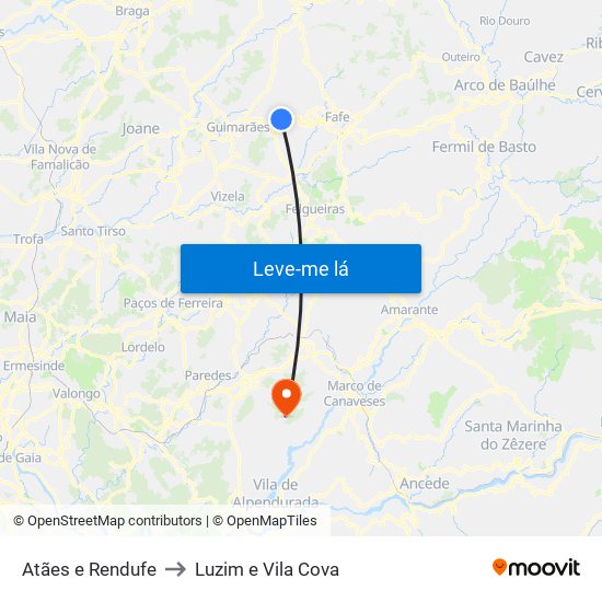 Atães e Rendufe to Luzim e Vila Cova map