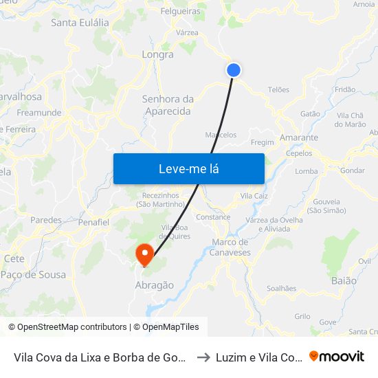 Vila Cova da Lixa e Borba de Godim to Luzim e Vila Cova map