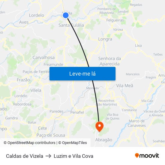 Caldas de Vizela to Luzim e Vila Cova map