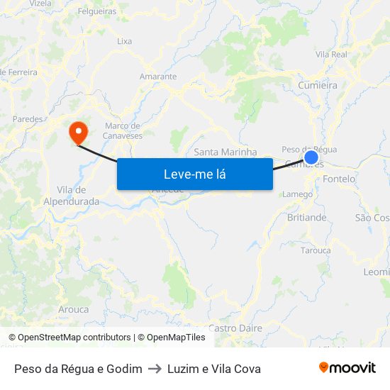 Peso da Régua e Godim to Luzim e Vila Cova map