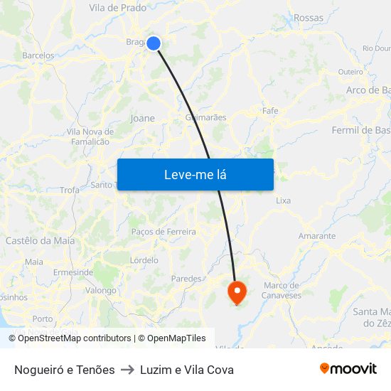 Nogueiró e Tenões to Luzim e Vila Cova map