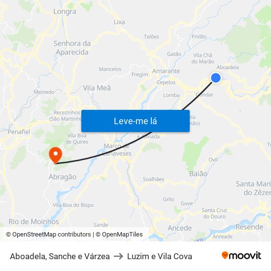 Aboadela, Sanche e Várzea to Luzim e Vila Cova map