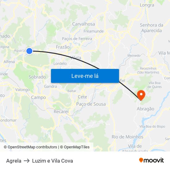 Agrela to Luzim e Vila Cova map