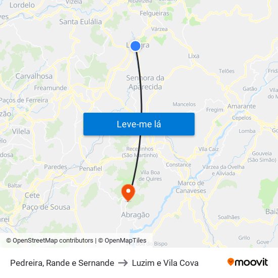 Pedreira, Rande e Sernande to Luzim e Vila Cova map