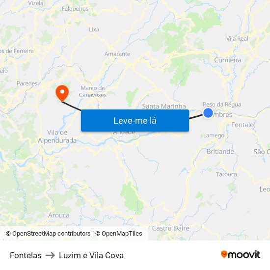 Fontelas to Luzim e Vila Cova map