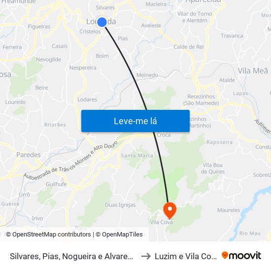 Silvares, Pias, Nogueira e Alvarenga to Luzim e Vila Cova map