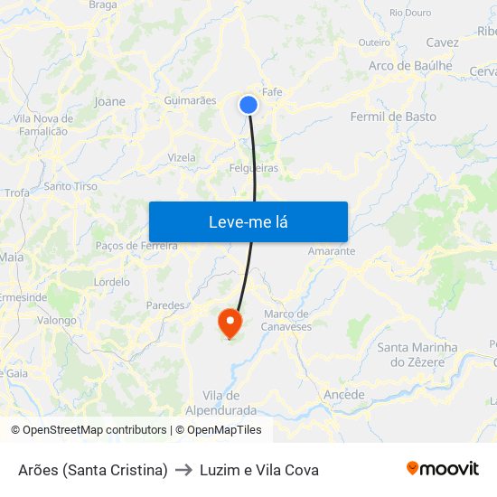 Arões (Santa Cristina) to Luzim e Vila Cova map