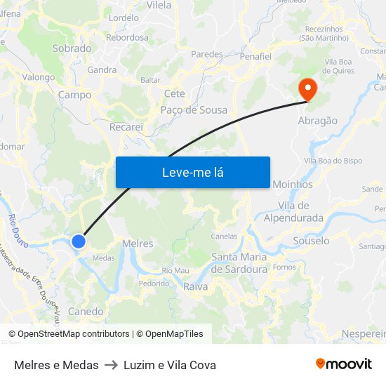 Melres e Medas to Luzim e Vila Cova map