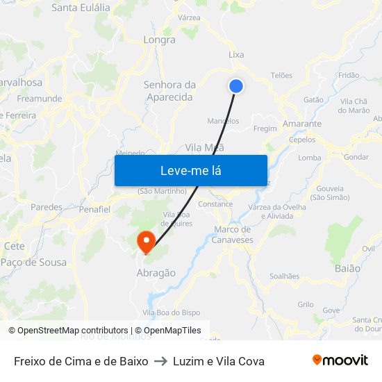 Freixo de Cima e de Baixo to Luzim e Vila Cova map