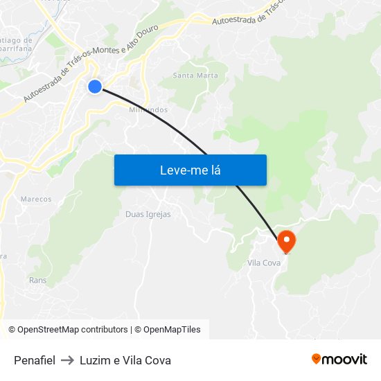 Penafiel to Luzim e Vila Cova map