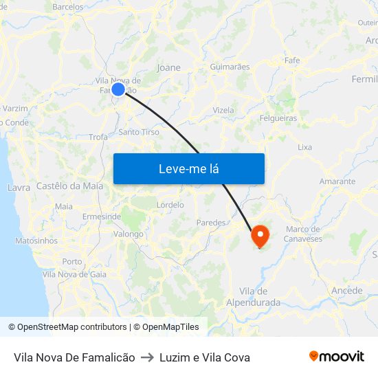 Vila Nova De Famalicão to Luzim e Vila Cova map