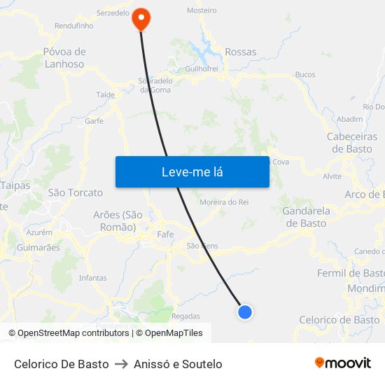 Celorico De Basto to Anissó e Soutelo map