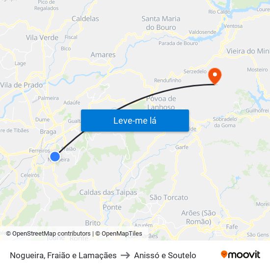 Nogueira, Fraião e Lamaçães to Anissó e Soutelo map