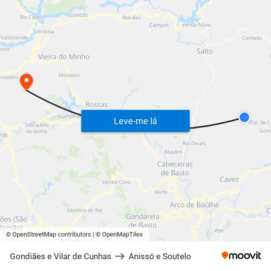 Gondiães e Vilar de Cunhas to Anissó e Soutelo map