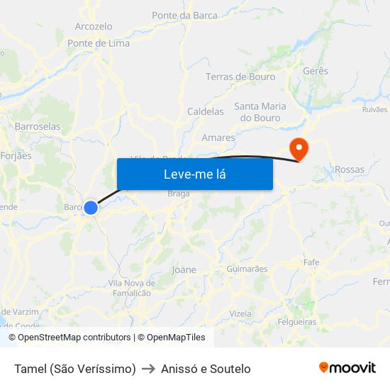 Tamel (São Veríssimo) to Anissó e Soutelo map