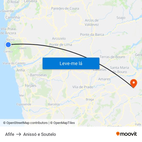 Afife to Anissó e Soutelo map