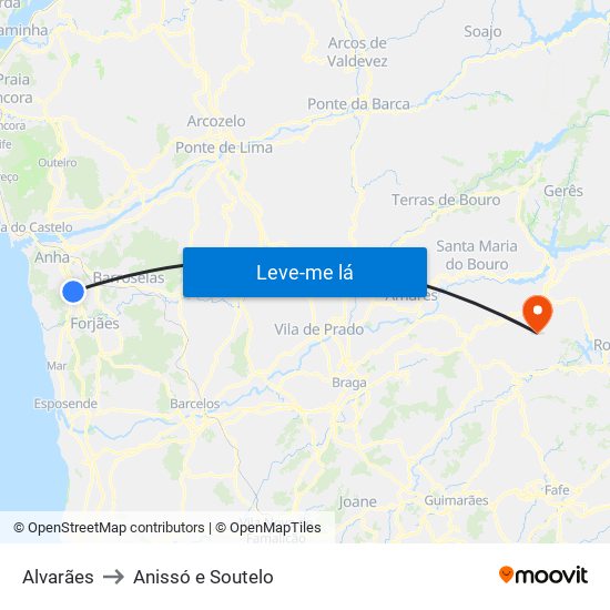 Alvarães to Anissó e Soutelo map