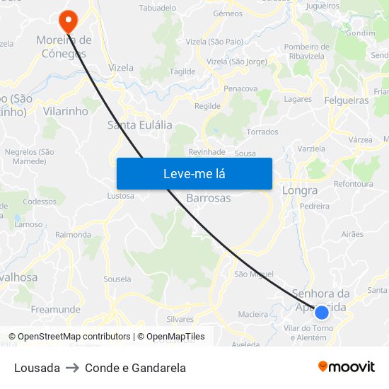 Lousada to Conde e Gandarela map