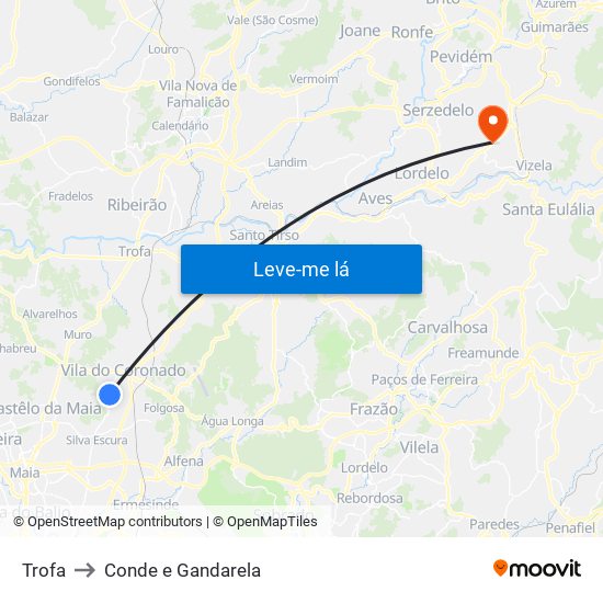 Trofa to Conde e Gandarela map