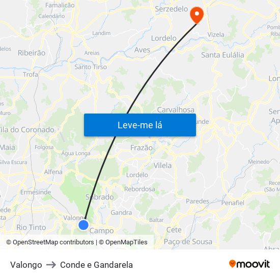 Valongo to Conde e Gandarela map