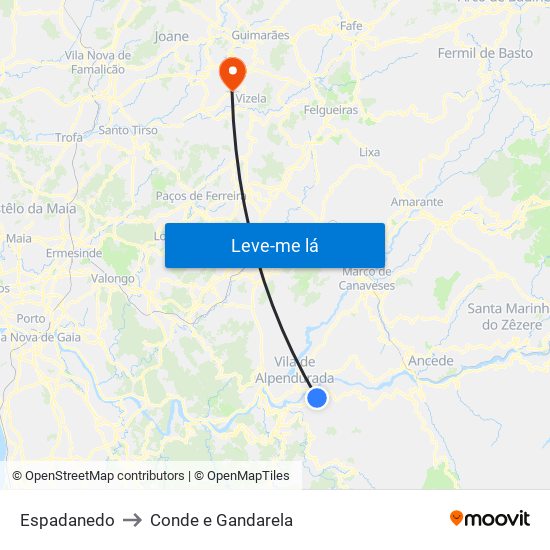 Espadanedo to Conde e Gandarela map