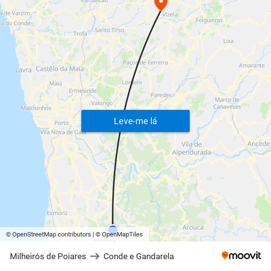 Milheirós de Poiares to Conde e Gandarela map