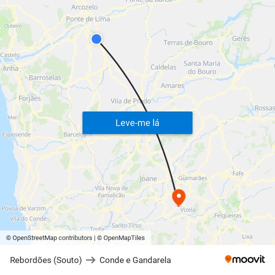 Rebordões (Souto) to Conde e Gandarela map