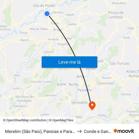 Merelim (São Paio), Panoias e Parada de Tibães to Conde e Gandarela map