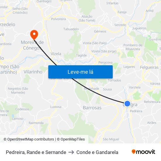 Pedreira, Rande e Sernande to Conde e Gandarela map